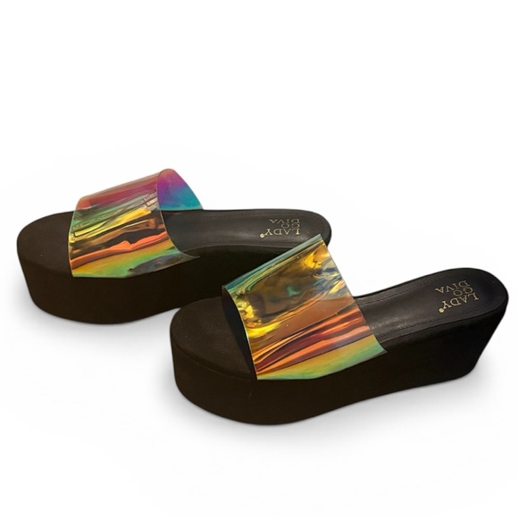 Dolls Kill x Lady Go Diva Holographic Iridescent Black Suede Platform Sandals - Picture 5 of 8